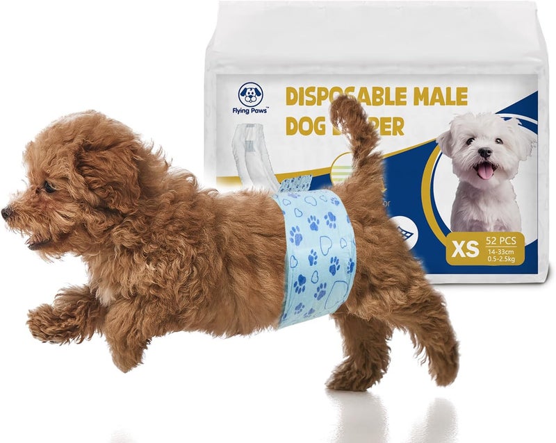 Flying Paws Male Dog Diapers with Wetness Indicator, Disposable Belly Band for Puppy Male Diapers, Doggie Wraps for Puppy Training, Incontinence (XS, 52 Count) - Image 1